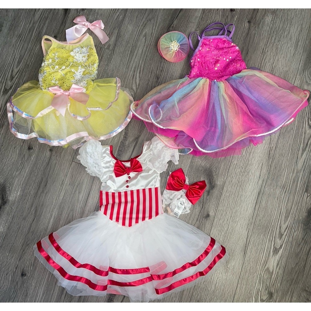 Weissman Girls Dance Dresses / Costumes &‎ Hair Accessory Size XSC Bundle